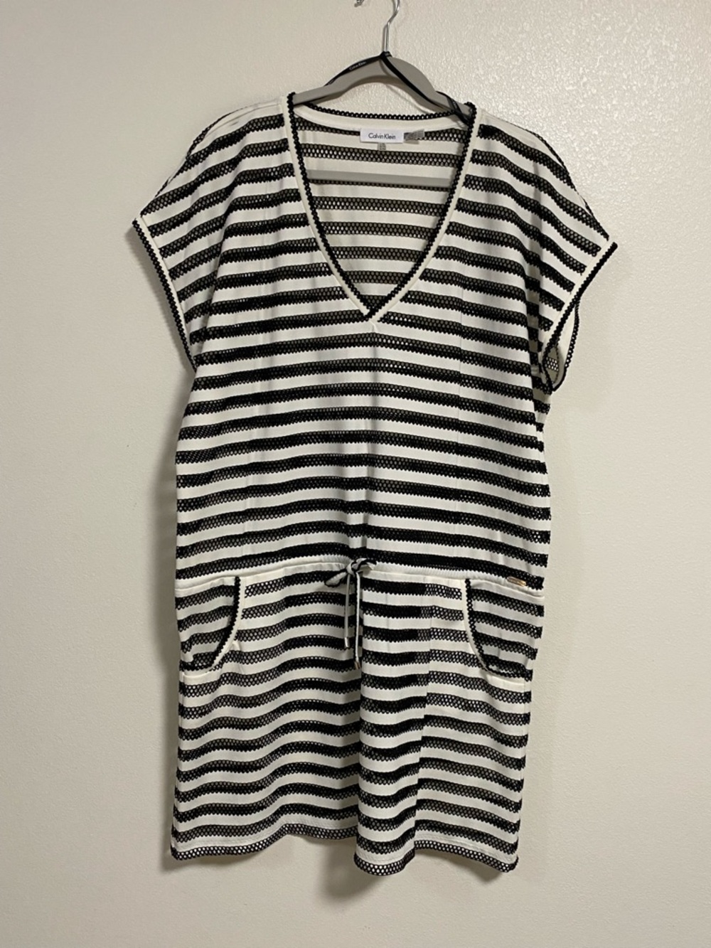 Calvin Klein Tunic Dress Women’s Size L/XL Black White Stripe Mesh Cover Up